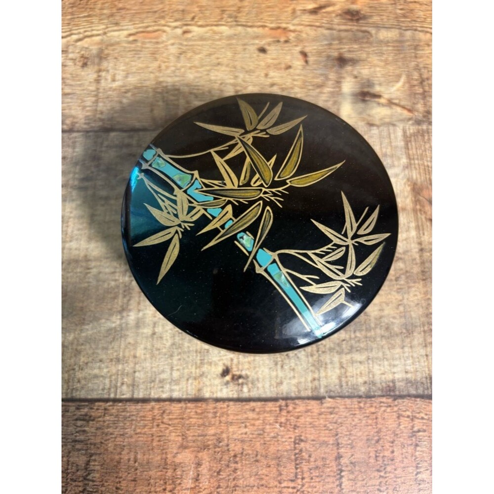 Japanese Lacquered Bamboo (6) Black Coasters Round Box Gold Bamboo Design - Picture 2 of 11